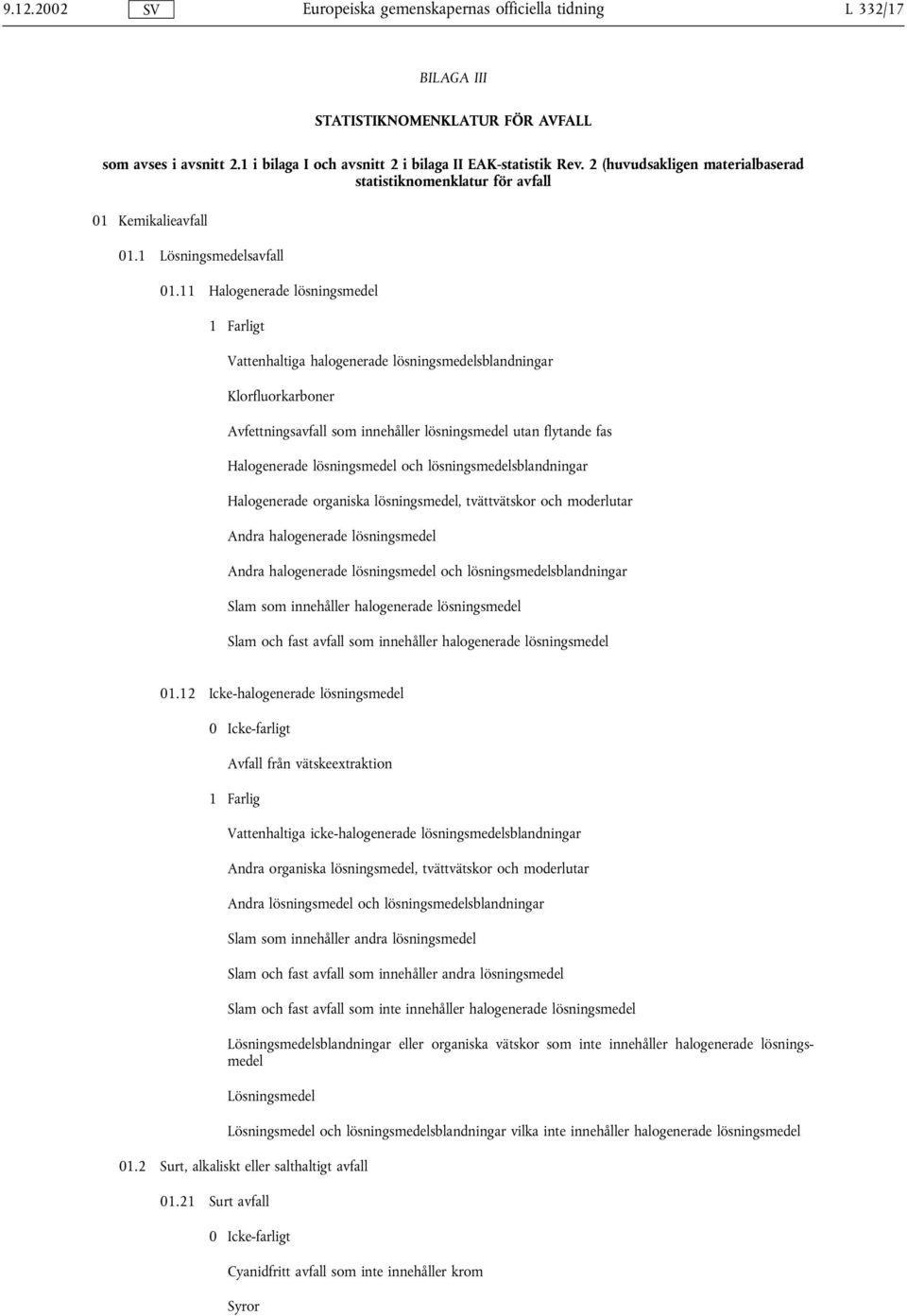 11 Halogenerade lösningsmedel Vattenhaltiga halogenerade lösningsmedelsblandningar Klorfluorkarboner Avfettningsavfall som innehåller lösningsmedel utan flytande fas Halogenerade lösningsmedel och