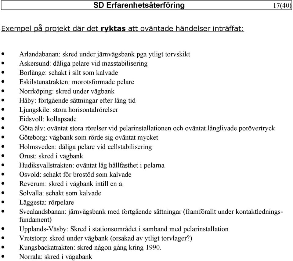 horisontalrörelser Eidsvoll: kollapsade Göta älv: oväntat stora rörelser vid pelarinstallationen och oväntat långlivade porövertryck Göteborg: vägbank som rörde sig oväntat mycket Holmsveden: dåliga