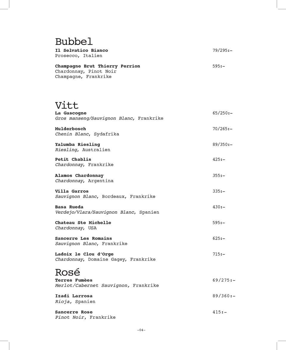 Garros 335:- Sauvignon Blanc, Bordeaux, Frankrike Basa Rueda 430:- Verdejo/Vlara/Sauvignon Blanc, Spanien Chateau Ste Michelle 595:- Chardonnay, USA Sancerre Les Romains 625:- Sauvignon Blanc,