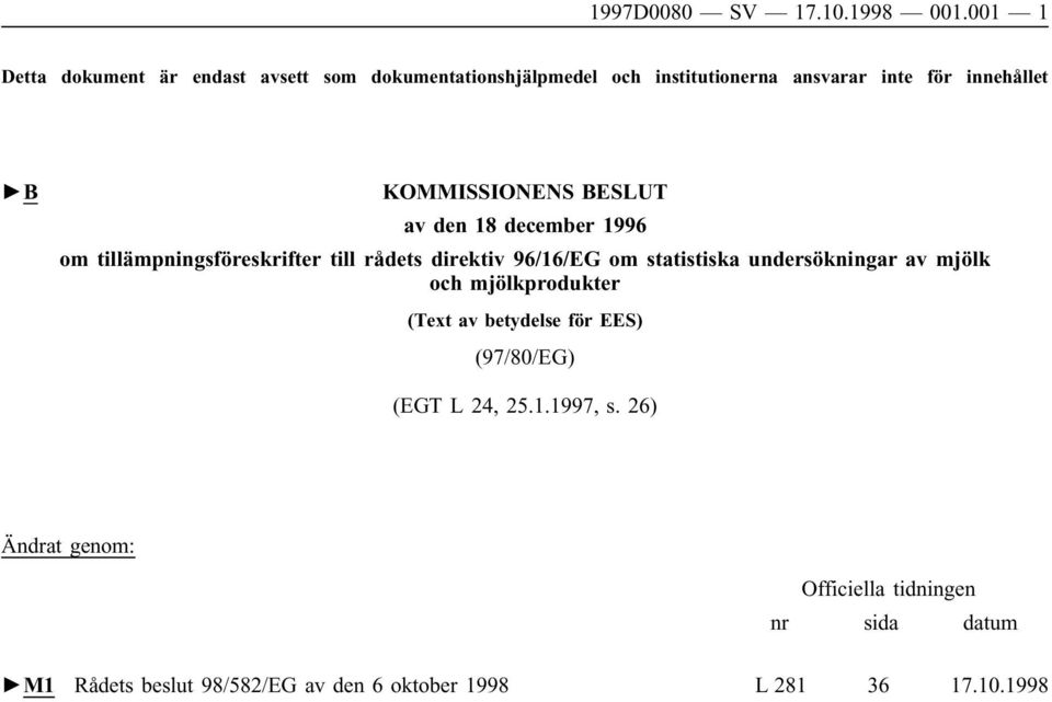 KOMMISSIONENS BESLUT av den 18 december 1996 om tillämpningsföreskrifter till rådets direktiv 96/16/EG om statistiska
