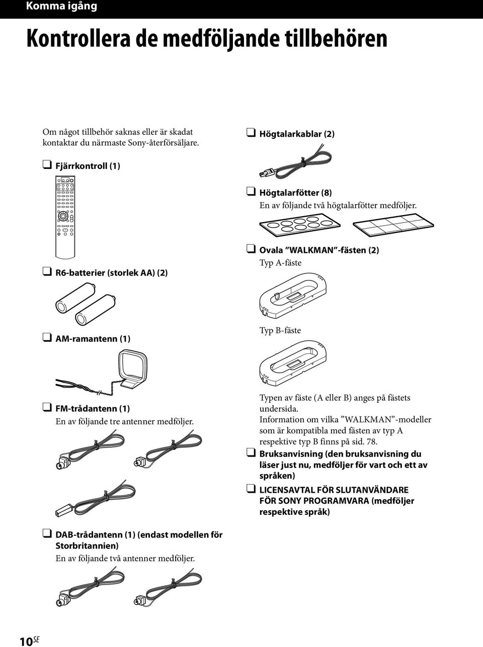 R6-batterier (storlek AA) (2) Ovala WALKMAN -fästen (2) Typ A-fäste AM-ramantenn (1) Typ B-fäste FM-trådantenn (1) En av följande tre antenner medföljer.