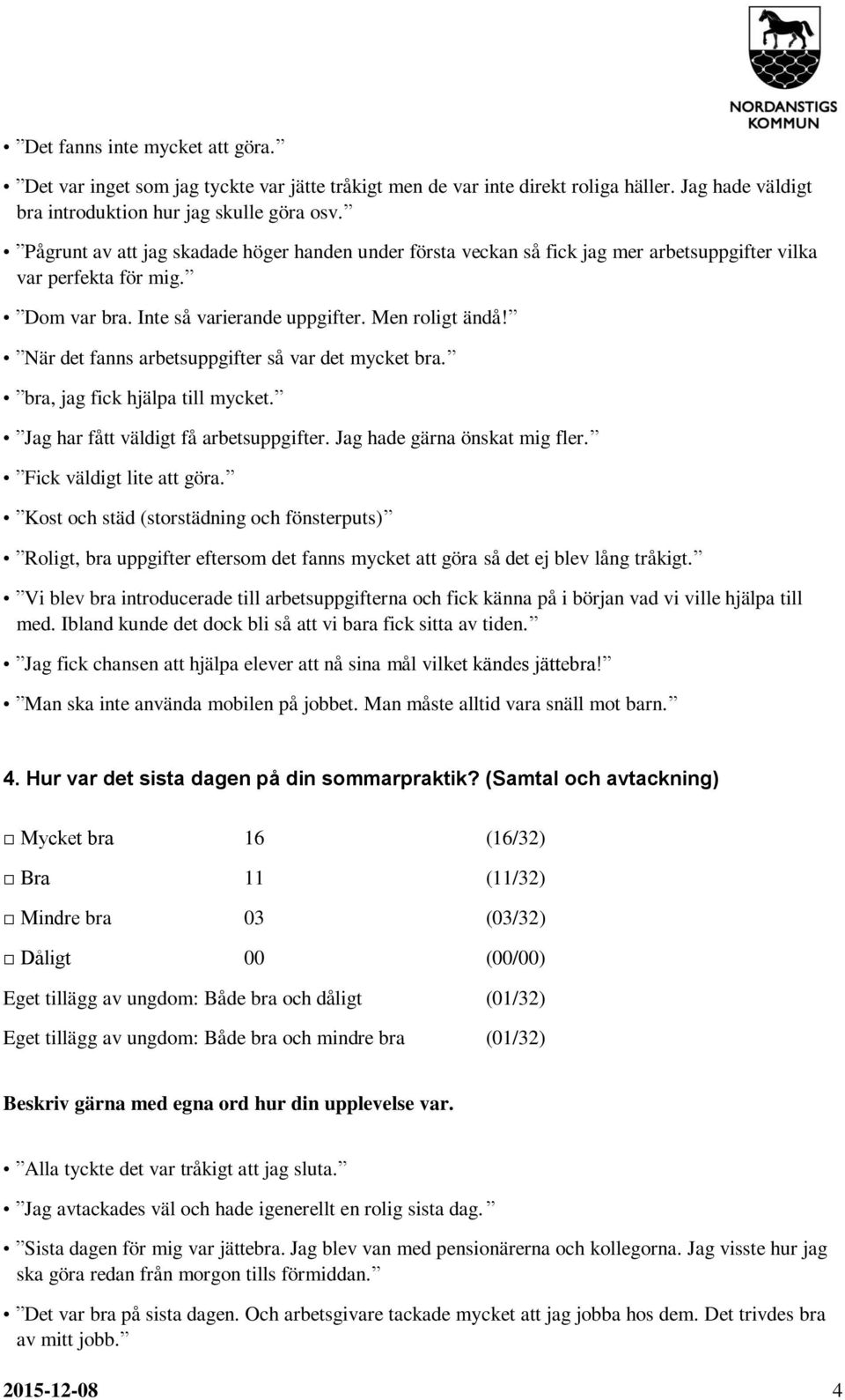 När det fanns arbetsuppgifter så var det mycket bra. bra, jag fick hjälpa till mycket. Jag har fått väldigt få arbetsuppgifter. Jag hade gärna önskat mig fler. Fick väldigt lite att göra.