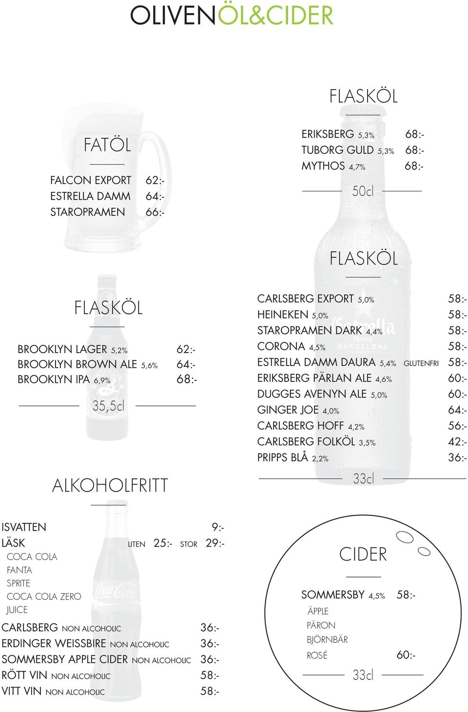 ERIKSBERG PÄRLAN ALE 4,6% 60:- DUGGES AVENYN ALE 5,0% 60:- GINGER JOE 4,0% 64:- CARLSBERG HOFF 4,2% 56:- CARLSBERG FOLKÖL 3,5% 42:- PRIPPS BLÅ 2,2% 36:- 33cl ISVATTEN 9:- LÄSK LITEN 25:- STOR 29:-