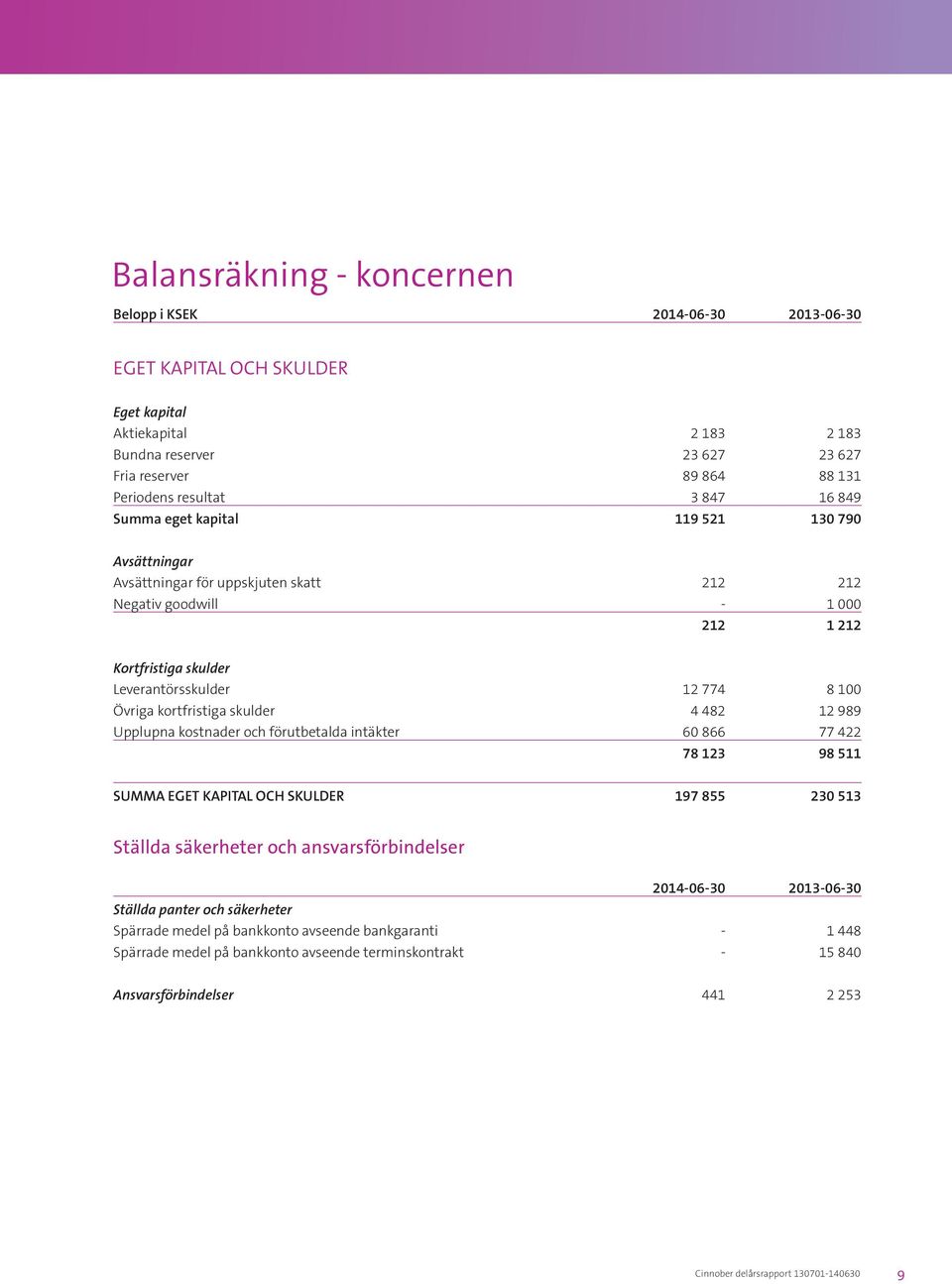 Övriga kortfristiga skulder 4 482 12 989 Upplupna kostnader och förutbetalda intäkter 60 866 77 422 78 123 98 511 SUMMA EGET KAPITAL OCH SKULDER 197 855 230 513 Ställda säkerheter och