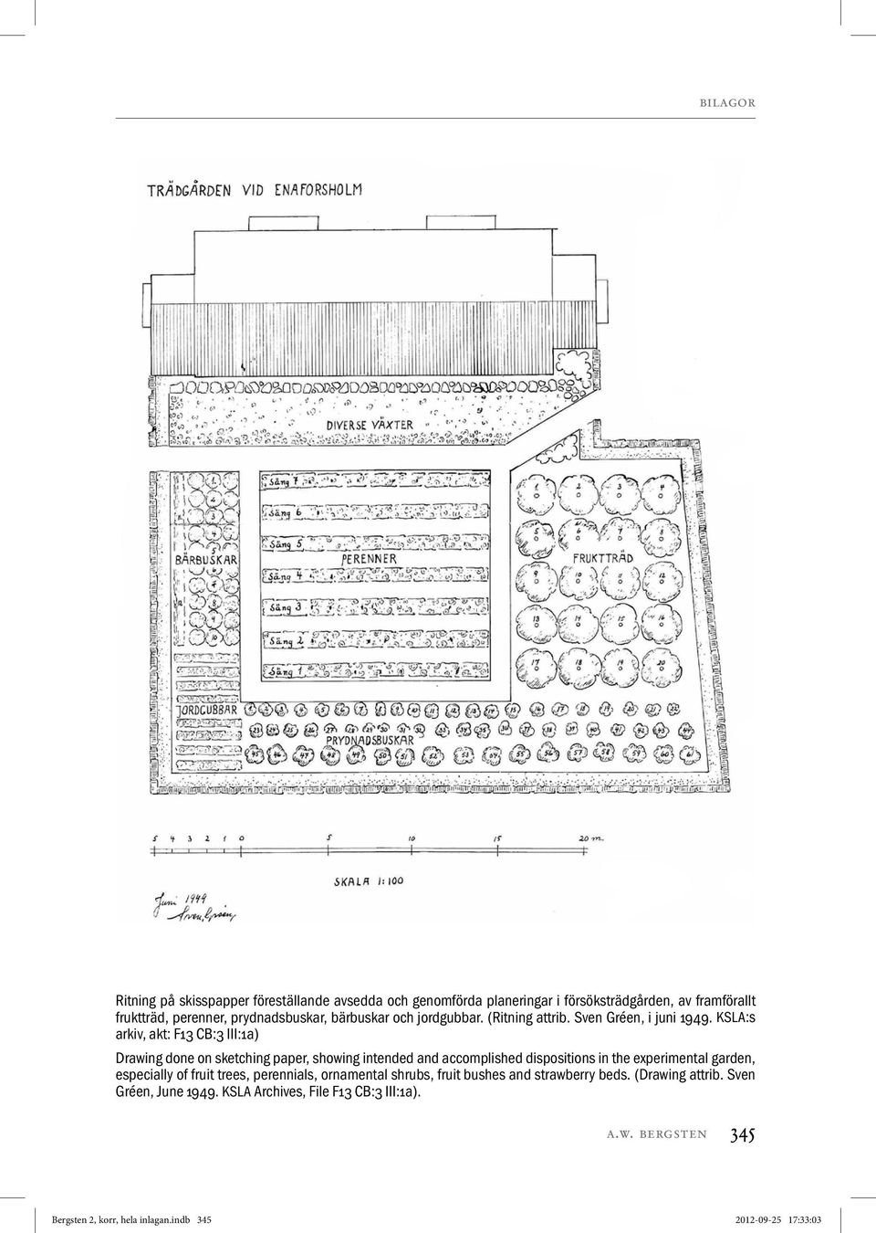 KSLA:s arkiv, akt: F13 CB:3 III:1a) Drawing done on sketching paper, showing intended and accomplished dispositions in the experimental garden,