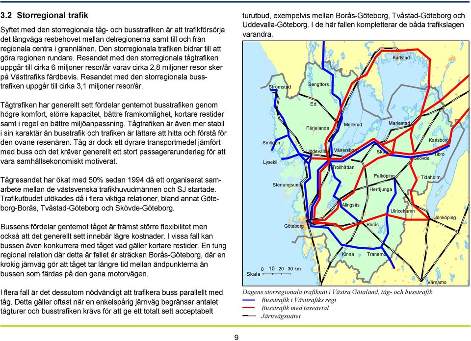 Resandet med den storregionala tågtrafiken uppgår till cirka 6 miljoner resor/år varav cirka 2,8 miljoner resor sker på Västtrafiks färdbevis.