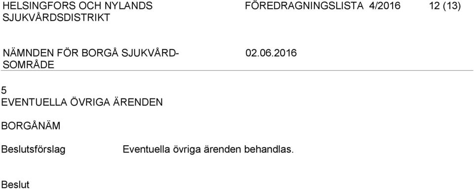 EVENTUELLA ÖVRIGA ÄRENDEN BORGÅNÄM