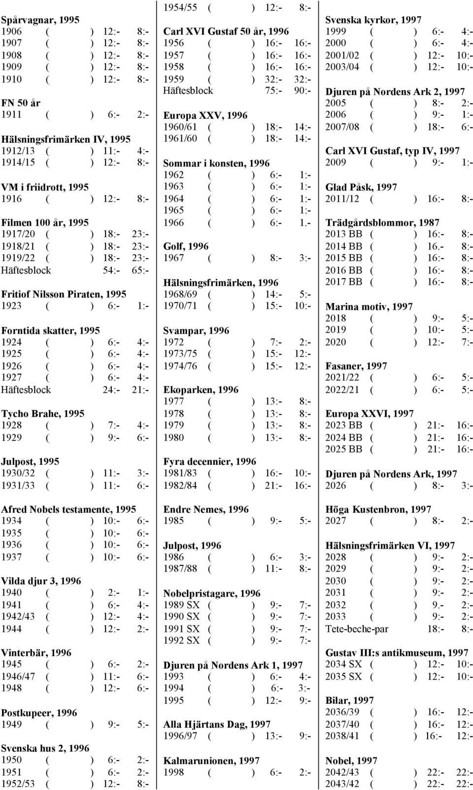 Forntida skatter, 1995 1924 ( ) 6:- 4:- 1925 ( ) 6:- 4:- 1926 ( ) 6:- 4:- 1927 ( ) 6:- 4:- Häftesblock 24:- 21:- Tycho Brahe, 1995 1928 ( ) 7:- 4:- 1929 ( ) 9:- 6:- Julpost, 1995 1930/32 ( ) 11:- 3:-