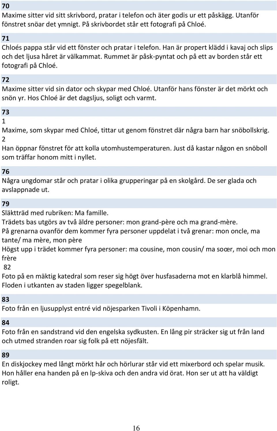 Rummet är påsk-pyntat och på ett av borden står ett fotografi på Chloé. 7 Maxime sitter vid sin dator och skypar med Chloé. Utanför hans fönster är det mörkt och snön yr.