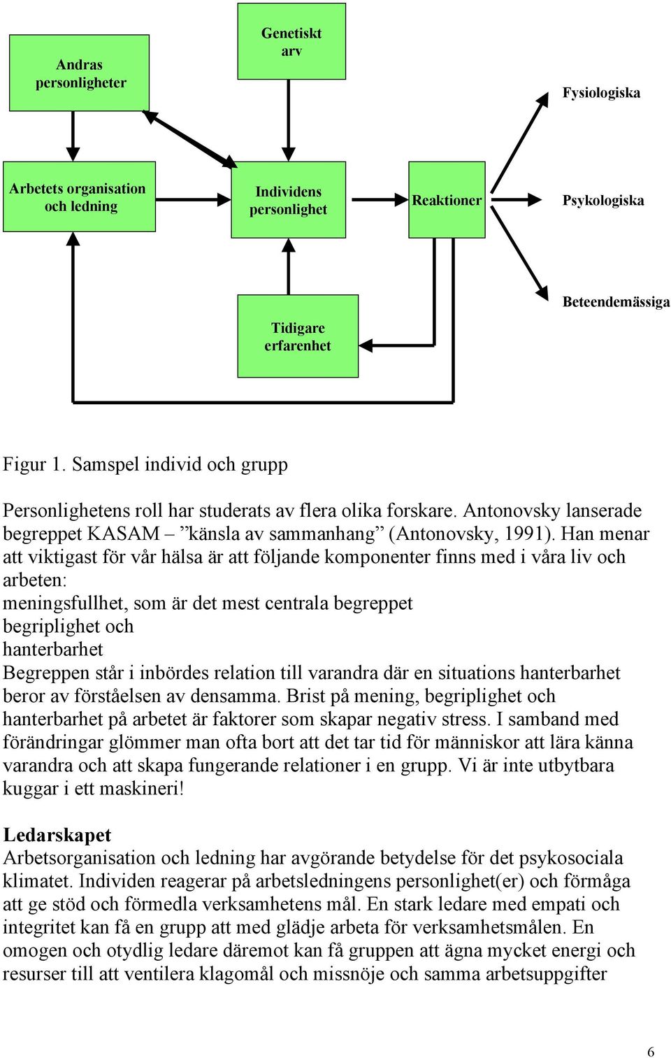 Han menar att viktigast för vår hälsa är att följande komponenter finns med i våra liv och arbeten: meningsfullhet, som är det mest centrala begreppet begriplighet och hanterbarhet Begreppen står i