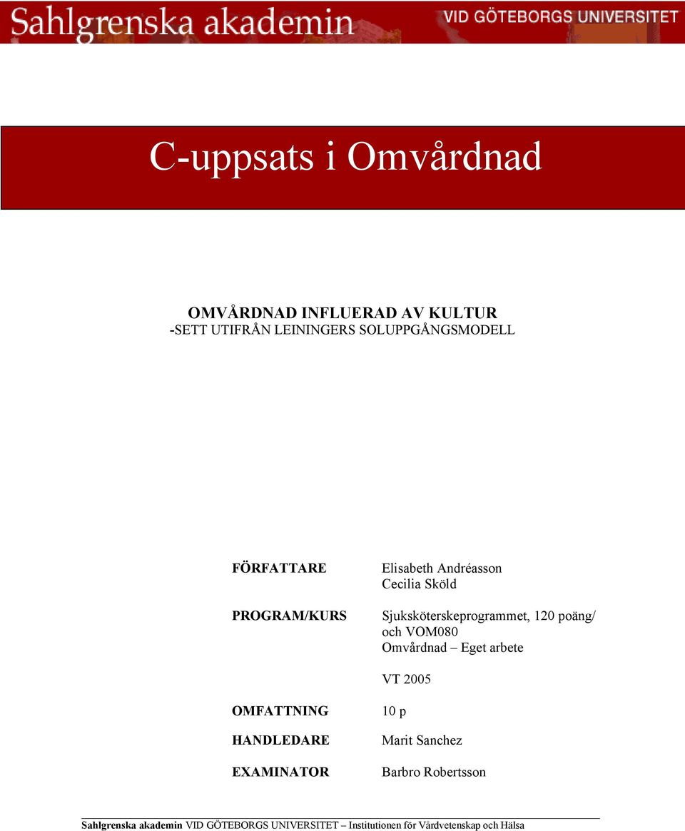 och VOM080 Omvårdnad Eget arbete VT 2005 OMFATTNING HANDLEDARE EXAMINATOR 10 p Marit Sanchez