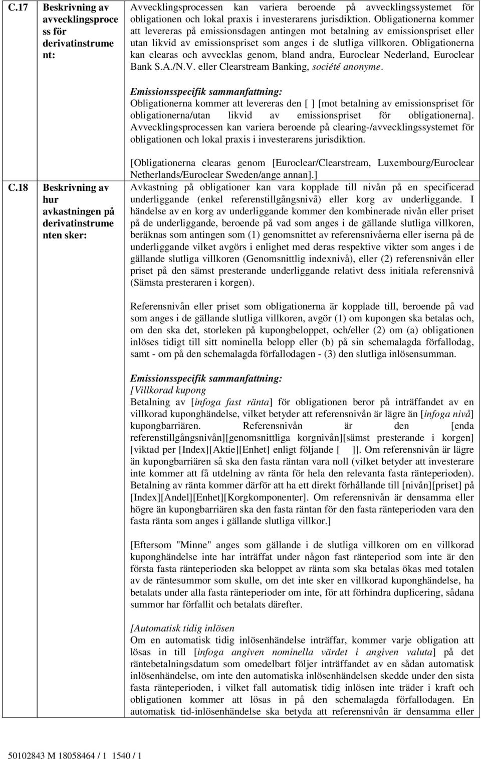 Obligationerna kan clearas och avvecklas genom, bland andra, Euroclear Nederland, Euroclear Bank S.A./N.V. eller Clearstream Banking, société anonyme.