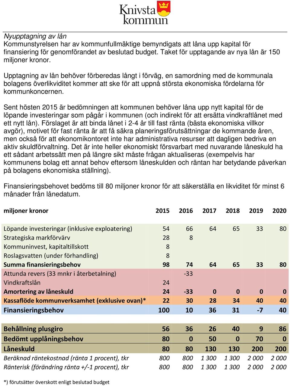 Upptagning av lån behöver förberedas långt i förväg, en samordning med de kommunala bolagens överlikviditet kommer att ske för att uppnå största ekonomiska fördelarna för kommunkoncernen.