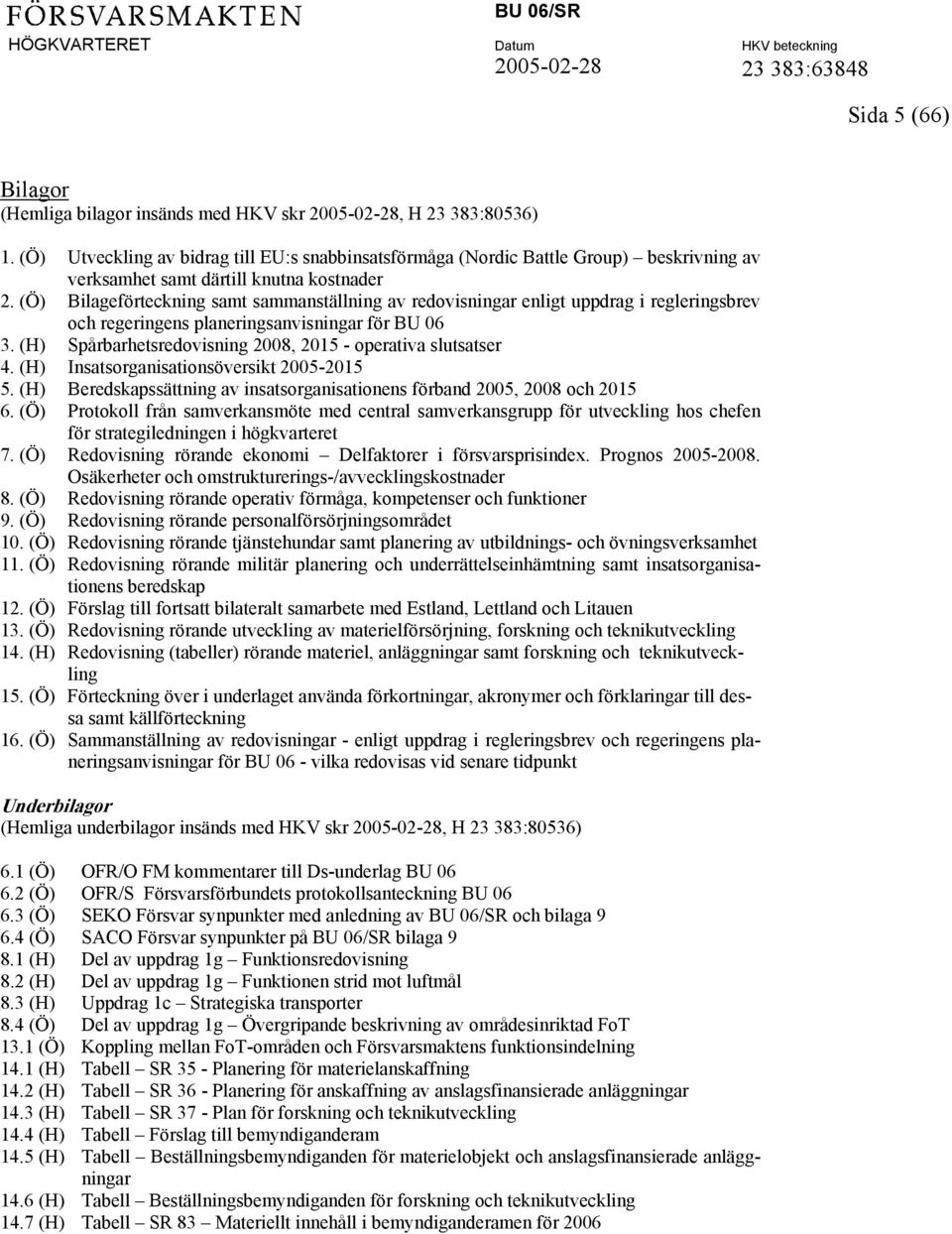 (Ö) Bilageförteckning samt sammanställning av redovisningar enligt uppdrag i regleringsbrev och regeringens planeringsanvisningar för BU 06 3.