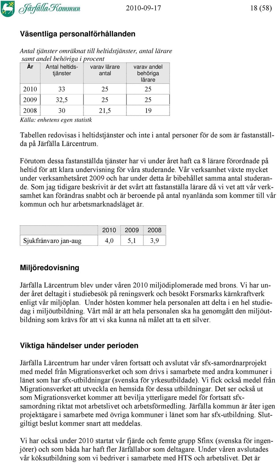 Lärcentrum. Förutom dessa fastanställda tjänster har vi under året haft ca 8 lärare förordnade på heltid för att klara undervisning för våra studerande.