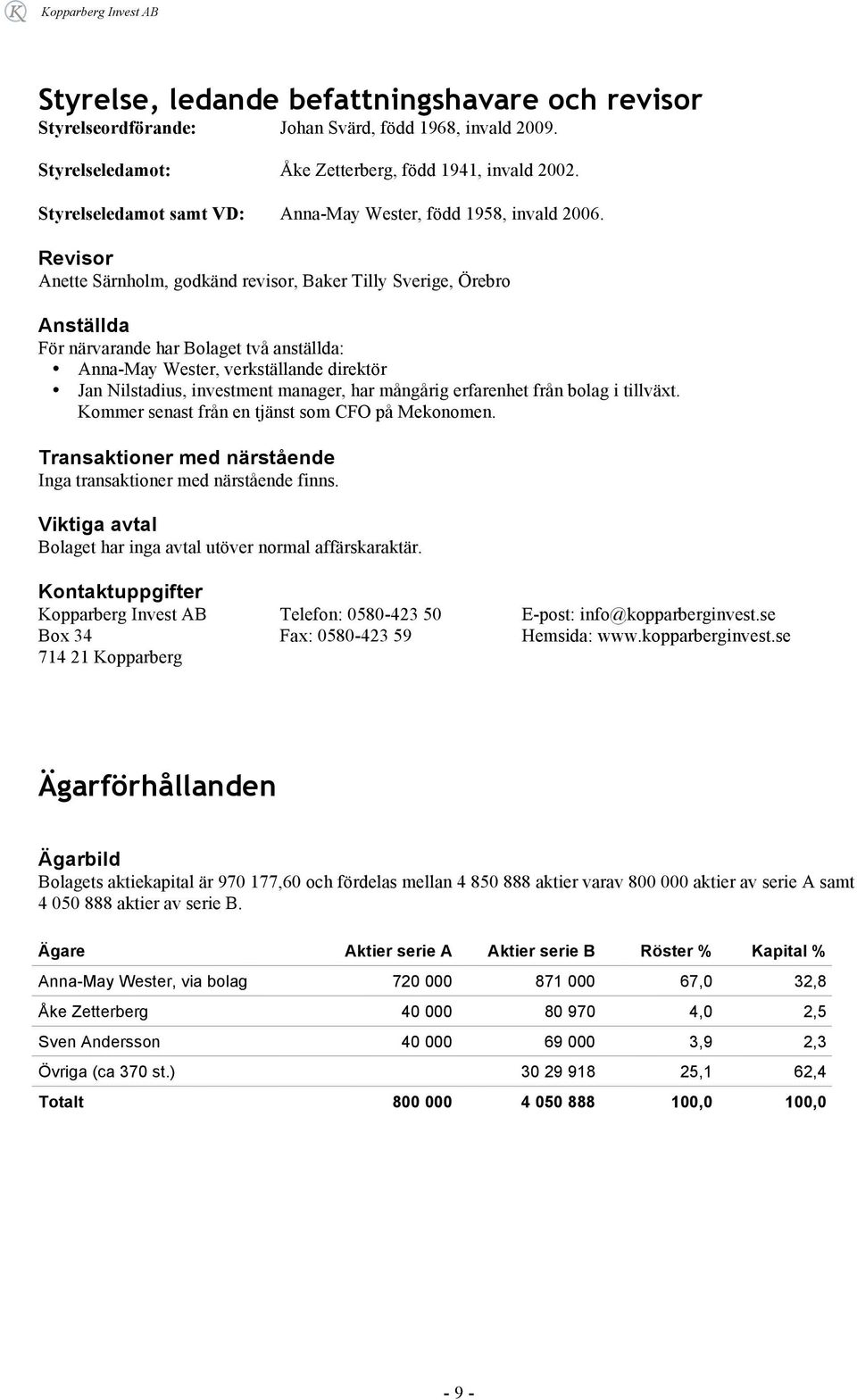 Revisor Anette Särnholm, godkänd revisor, Baker Tilly Sverige, Örebro Anställda För närvarande har Bolaget två anställda: Anna-May Wester, verkställande direktör Jan Nilstadius, investment manager,