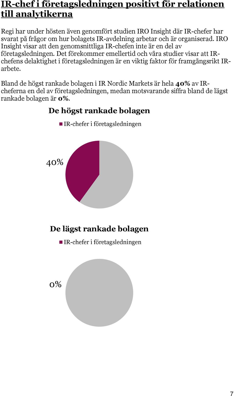 Det förekommer emellertid och våra studier visar att IRchefens delaktighet i företagsledningen är en viktig faktor för framgångsrikt IRarbete.