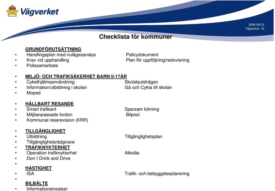 till skolan Moped HÅLLBART RESANDE Smart trafikant Sparsam körning Miljöanpassade fordon Bilpool Kommunal reserevision (KRR) TILLGÄNGLIGHET Utbildning
