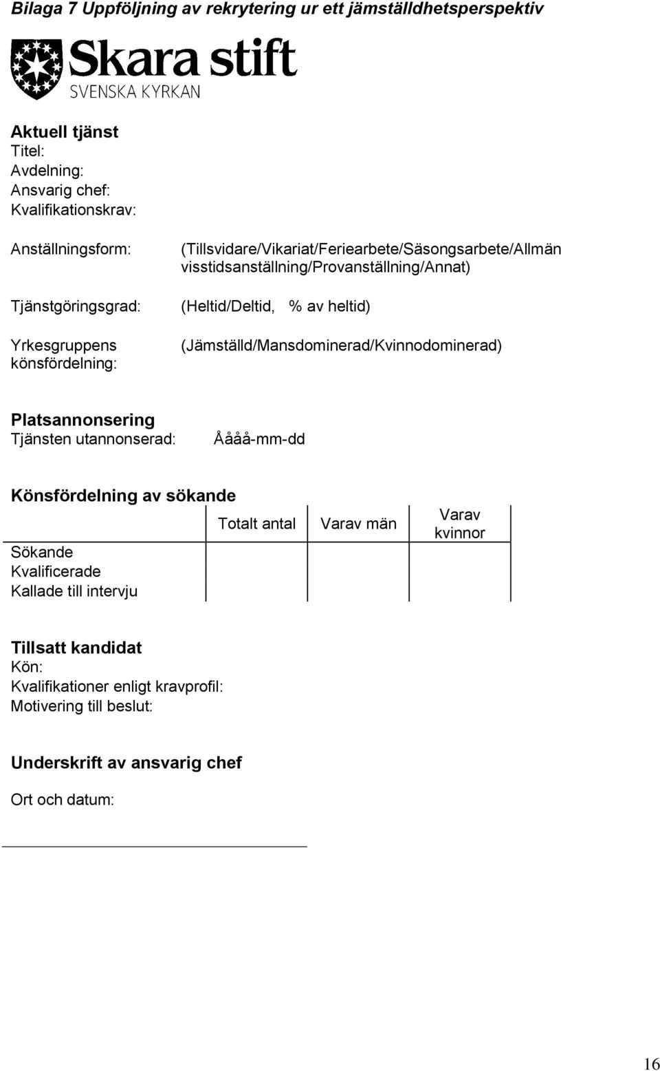 av heltid) (Jämställd/Mansdominerad/Kvinnodominerad) Platsannonsering Tjänsten utannonserad: Åååå-mm-dd Könsfördelning av sökande Sökande Kvalificerade Kallade till