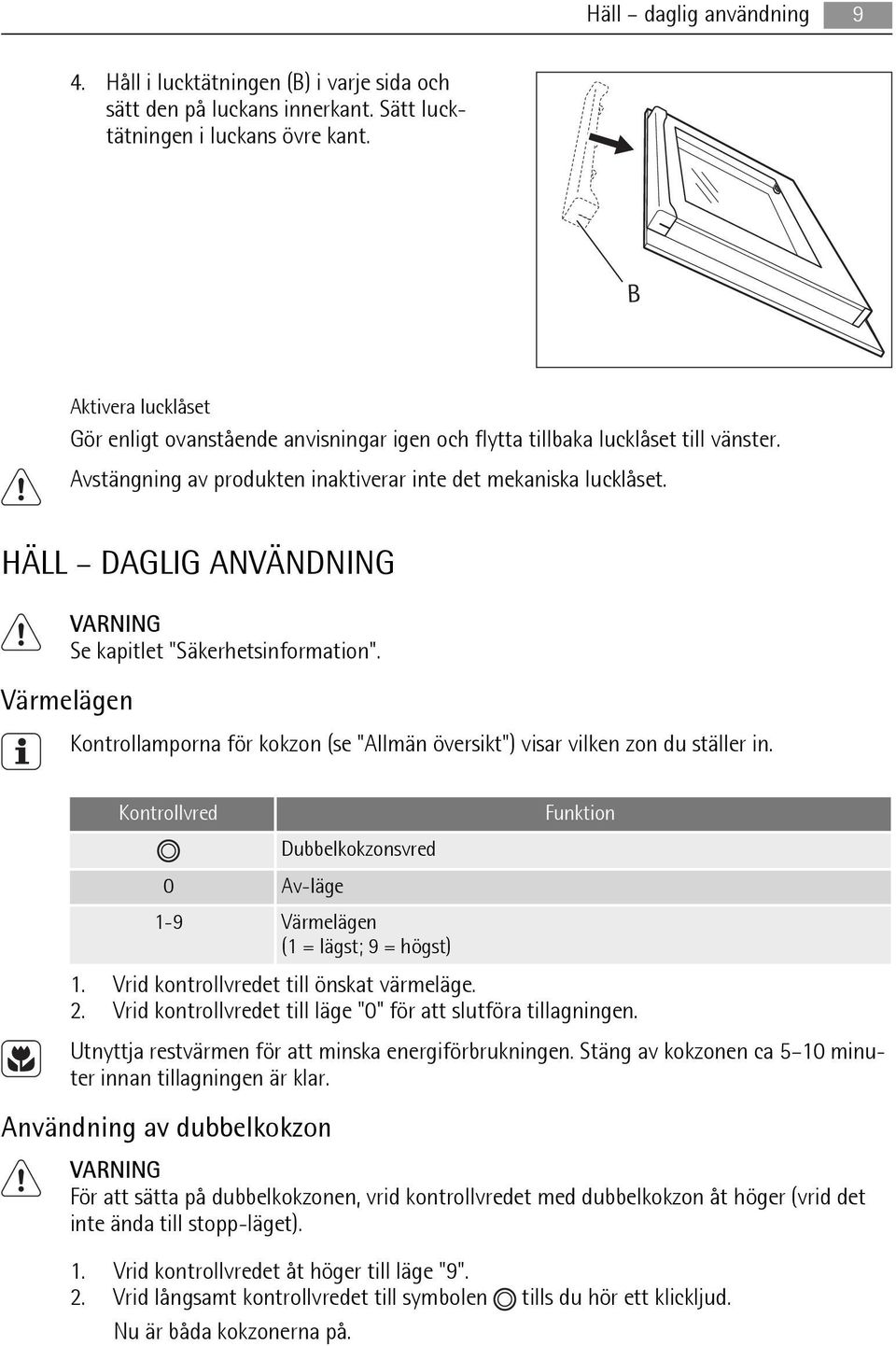 HÄLL DAGLIG ANVÄNDNING VARNING Se kapitlet "Säkerhetsinformation". Värmelägen Kontrollamporna för kokzon (se "Allmän översikt") visar vilken zon du ställer in.