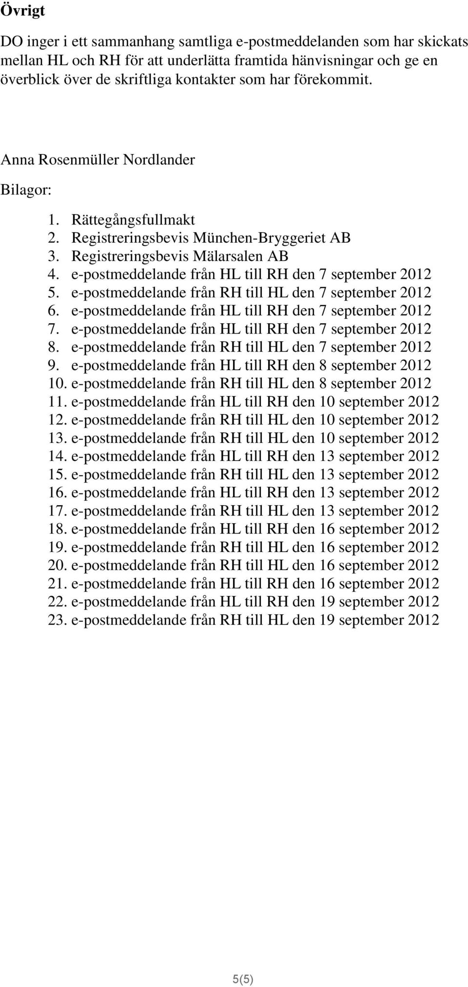 e-postmeddelande från HL till RH den 7 september 2012 5. e-postmeddelande från RH till HL den 7 september 2012 6. e-postmeddelande från HL till RH den 7 september 2012 7.