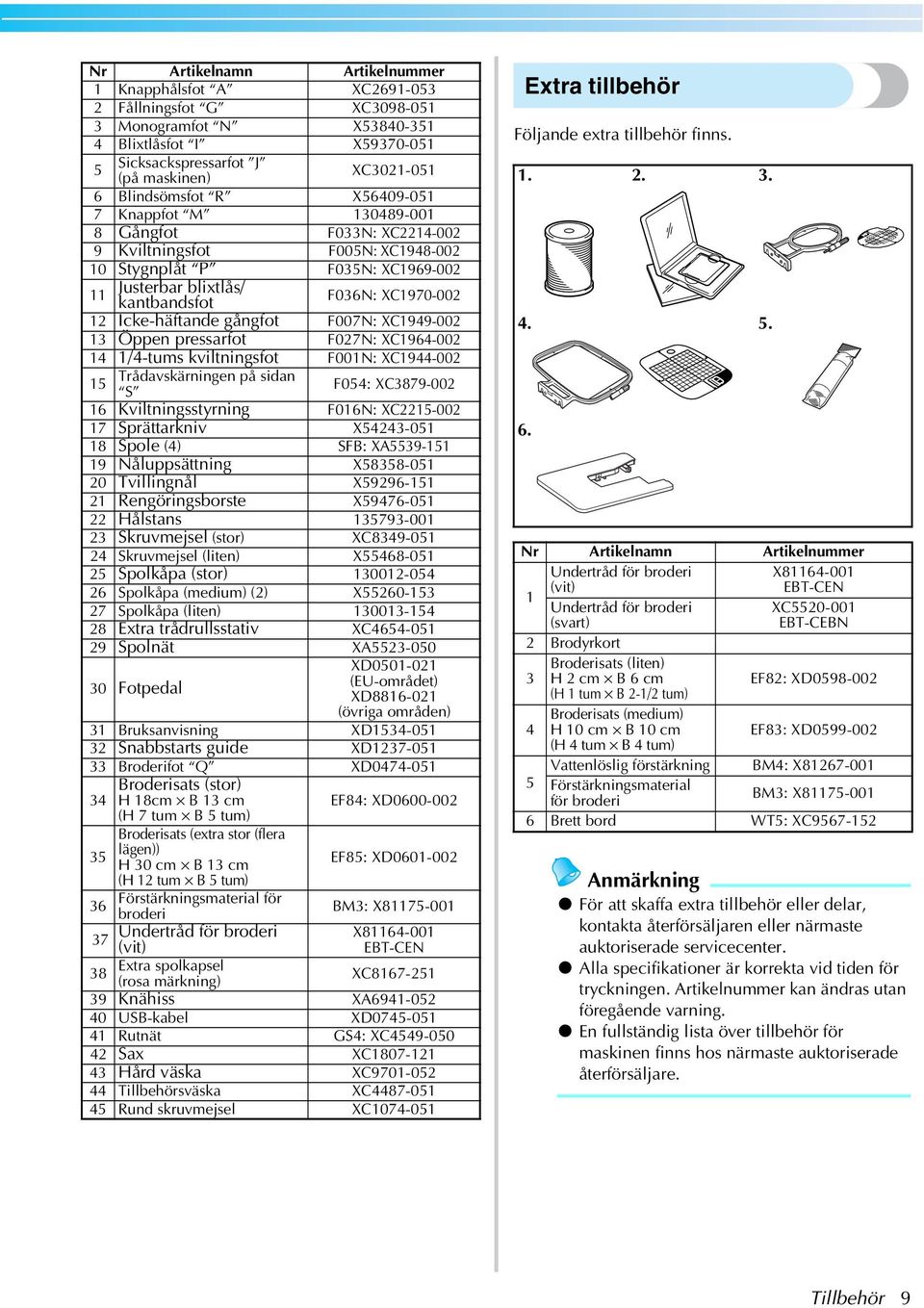 Öppen pressrfot F027N: XC964-002 4 /4-tums kviltningsfot F00N: XC944-002 5 Trådvskärningen på sidn S F054: XC3879-002 6 Kviltningsstyrning F06N: XC225-002 7 Sprättrkniv X54243-05 8 Spole (4) SFB: