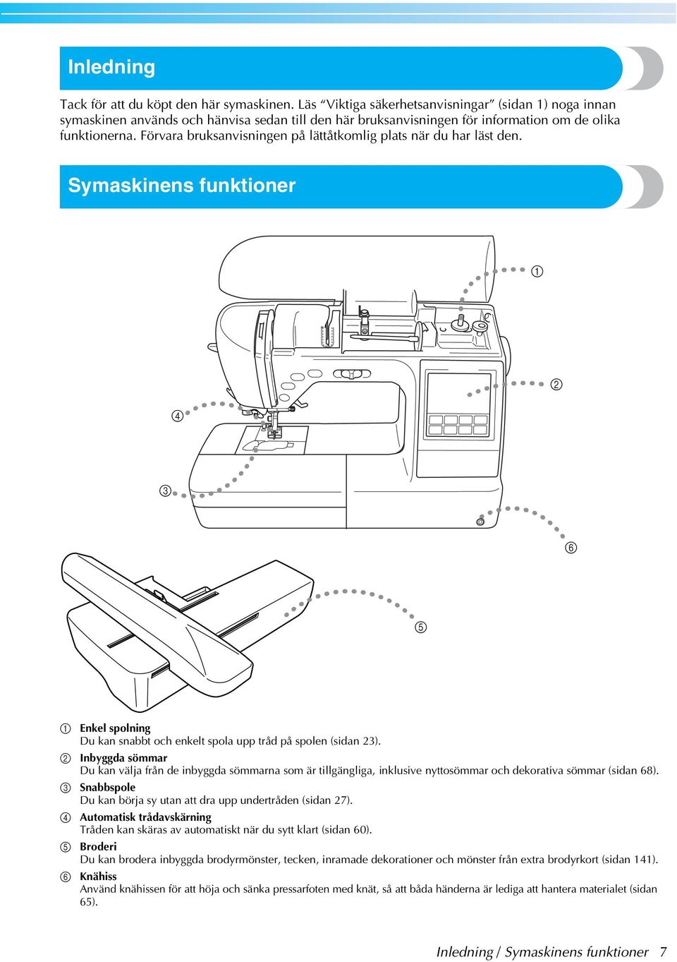 Inyggd sömmr Du kn välj från de inyggd sömmrn som är tillgänglig, inklusive nyttosömmr oh dekortiv sömmr (sidn 68). Snspole Du kn örj sy utn tt dr upp undertråden (sidn 27).