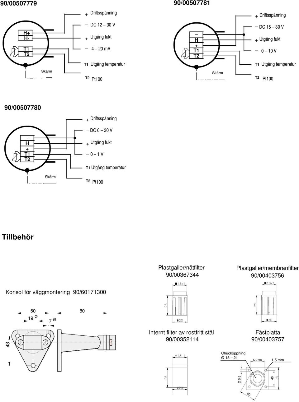 Plastgaller/membranfilter 90/00403756 Konsol för väggmontering 90/60171300 50 80 19 Ø 7 Ø