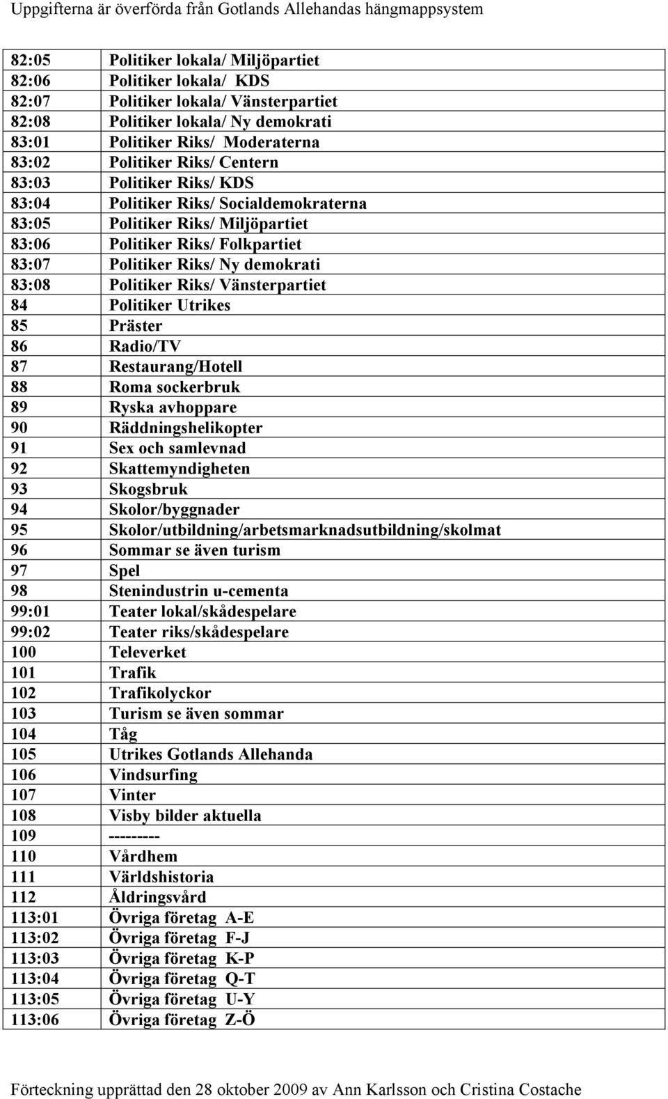 Riks/ Vänsterpartiet 84 Politiker Utrikes 85 Präster 86 Radio/TV 87 Restaurang/Hotell 88 Roma sockerbruk 89 Ryska avhoppare 90 Räddningshelikopter 91 Sex och samlevnad 92 Skattemyndigheten 93