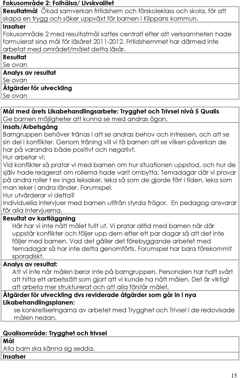 Resultat Se ovan Analys av resultat Se ovan Se ovan Mål med årets Likabehandlingsarbete: Trygghet och Trivsel nivå 5 Qualis Ge barnen möjligheter att kunna se med andras ögon.