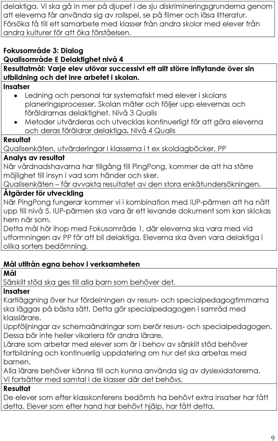 Fokusområde 3: Dialog Qualisområde E Delaktighet nivå 4 Resultatmål: Varje elev utövar successivt ett allt större inflytande över sin utbildning och det inre arbetet i skolan.