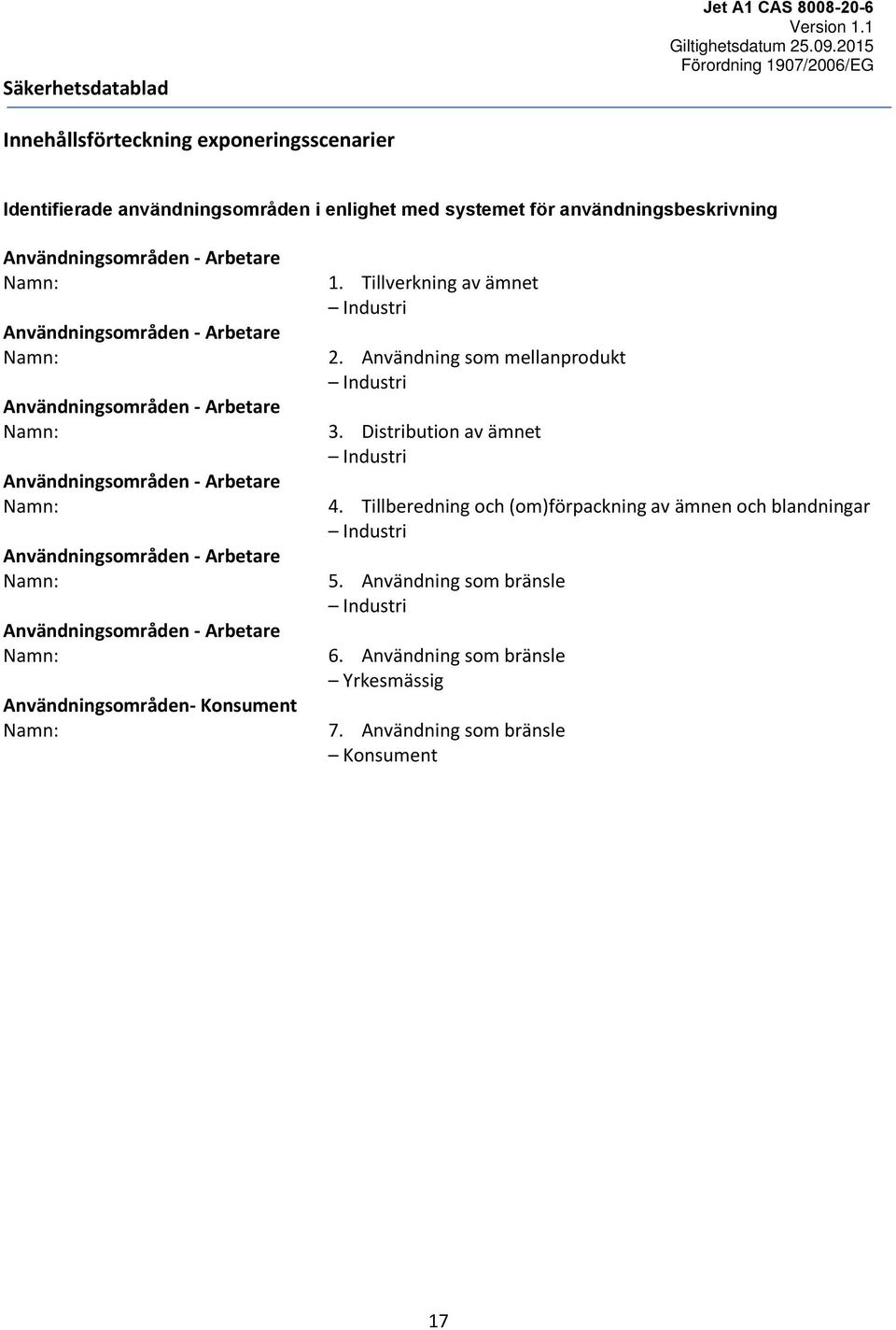 Arbetare Namn: Användningsområden- Konsument Namn: 1. Tillverkning av ämnet Industri 2. Användning som mellanprodukt Industri 3. Distribution av ämnet Industri 4.