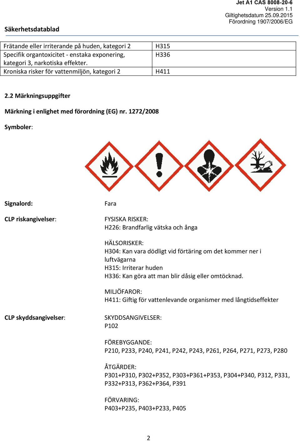 1272/2008 Symboler: Signalord: CLP riskangivelser: Fara FYSISKA RISKER: H226: Brandfarlig vätska och ånga HÄLSORISKER: H304: Kan vara dödligt vid förtäring om det kommer ner i luftvägarna H315: