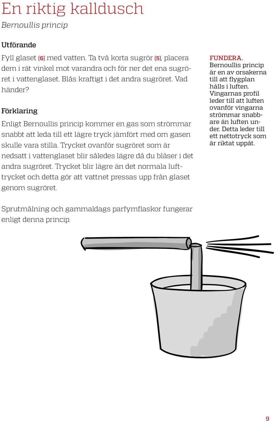 Trycket ovanför sugröret som är nedsatt i vattenglaset blir således lägre då du blåser i det andra sugröret.