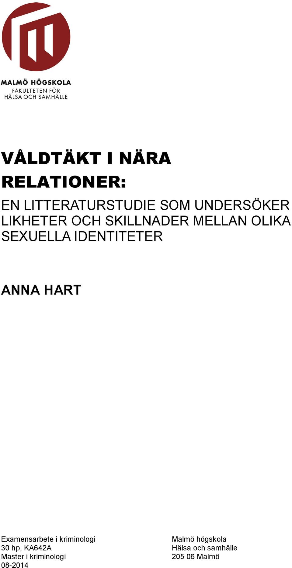 IDENTITETER ANNA HART Examensarbete i kriminologi Malmö
