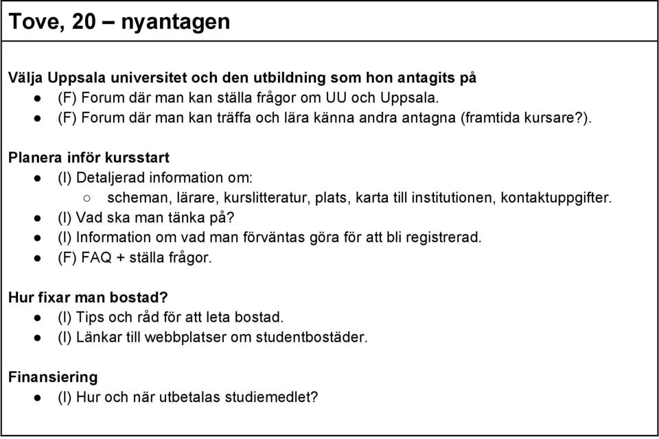 (I) Vad ska man tänka på? (I) Information om vad man förväntas göra för att bli registrerad. (F) FAQ + ställa frågor. Hur fixar man bostad?