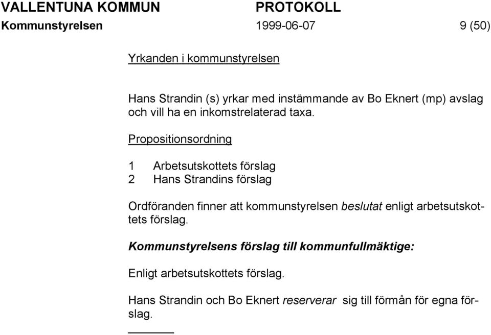 Propositionsordning 1 Arbetsutskottets förslag 2 Hans Strandins förslag Ordföranden finner att kommunstyrelsen