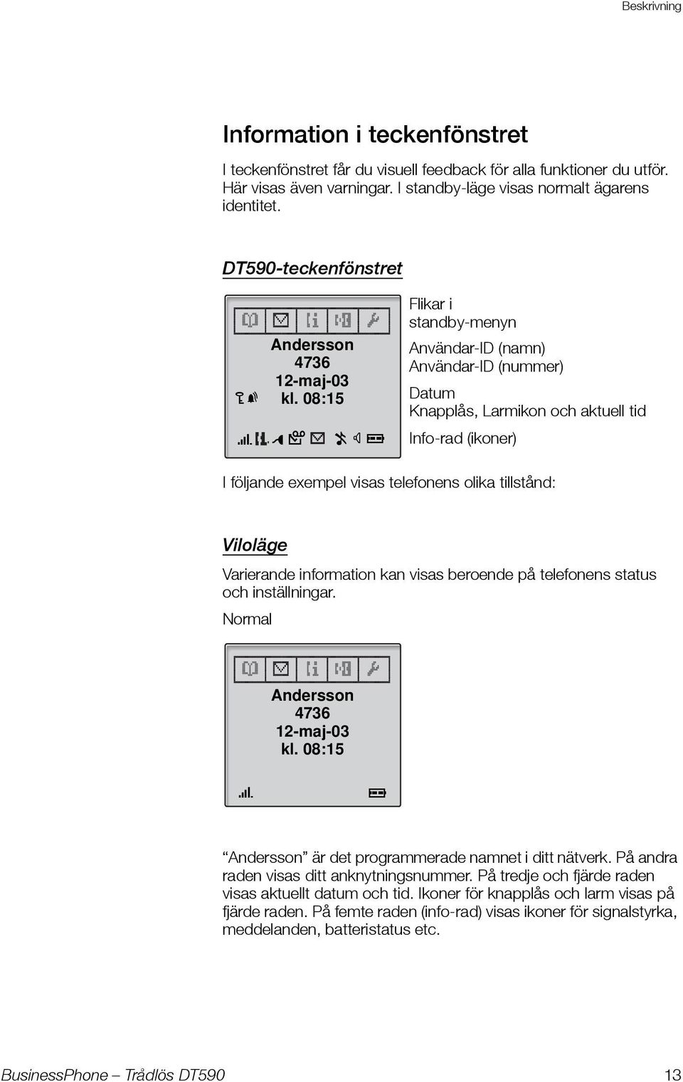 08:15 x pm n q b Flikar i standby-menyn Användar-ID (namn) Användar-ID (nummer) Datum Knapplås, Larmikon och aktuell tid Info-rad (ikoner) I följande exempel visas telefonens olika tillstånd: