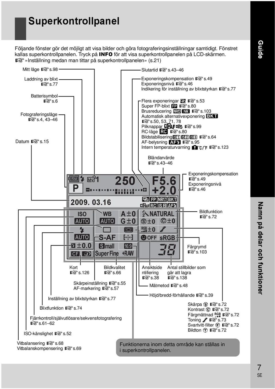 6 Fotograferingsläge gs.4, 43 46 Datum gs.15 Slutartid gs.43 46 Exponeringskompensation gs.49 Exponeringsnivå gs.46 Indikering för inställning av blixtstyrkan gs.77 Flera exponeringar i gs.