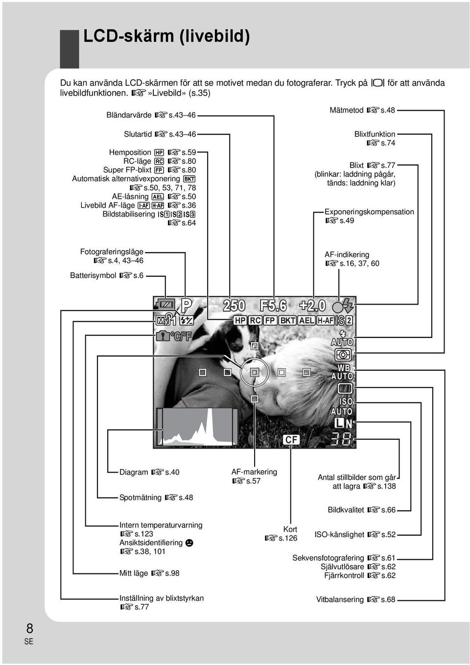 64 Mätmetod gs.48 Blixtfunktion gs.74 Blixt gs.77 (blinkar: laddning pågår, tänds: laddning klar) Exponeringskompensation gs.49 Fotograferingsläge gs.4, 43 46 Batterisymbol gs.6 AF-indikering gs.