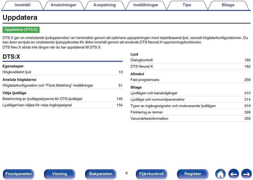 DTS:X Egenskaper Högkvalitativt ljud 13 Ansluta högtalarna Högtalarkonfiguration och Först.