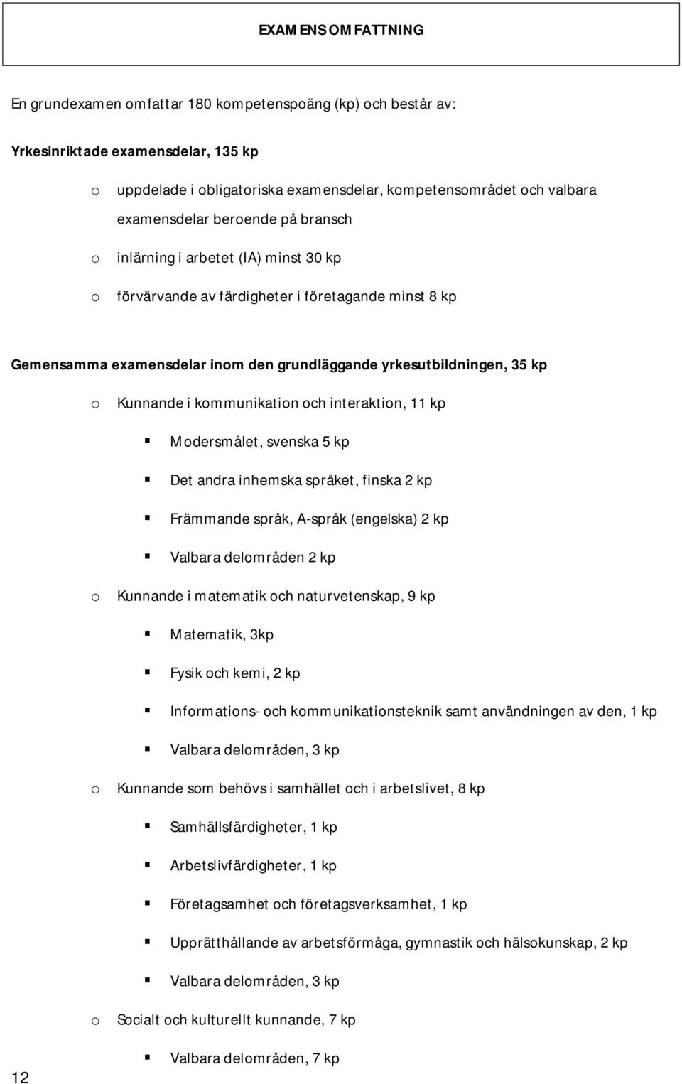 Kunnande i kommunikation och interaktion, 11 kp Modersmålet, svenska 5 kp Det andra inhemska språket, finska 2 kp Främmande språk, A-språk (engelska) 2 kp Valbara delområden 2 kp o Kunnande i