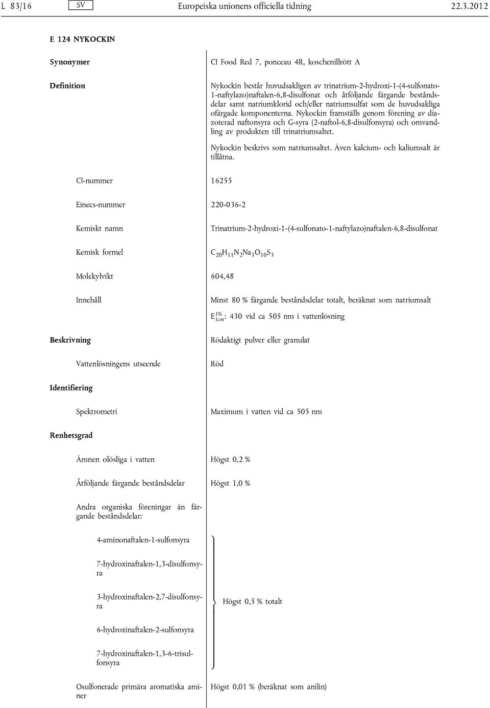 Nykockin framställs genom förening av diazoterad naftonsyra och G-syra (2-naftol-6,8-disulfonsyra) och omvandling av produkten till trinatriumsaltet. Nykockin beskrivs som natriumsaltet.