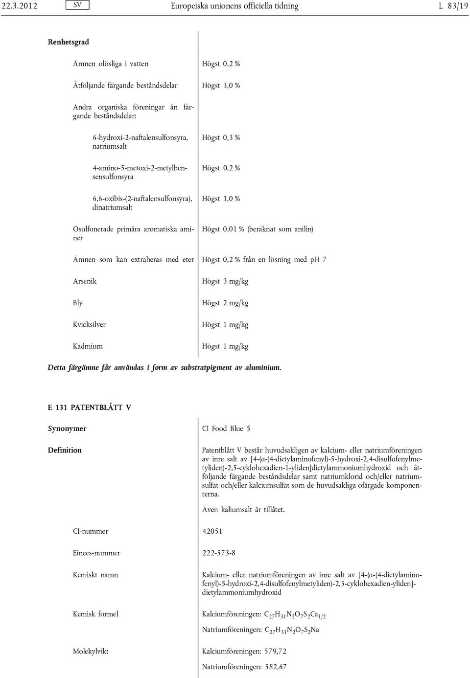 Högst 1,0 % Högst 0,01 % (beräknat som anilin) Ämnen som kan extraheras med eter Högst 0,2 % från en lösning med ph 7 Kadmium Detta färgämne får användas i form av substratpigment av aluminium.