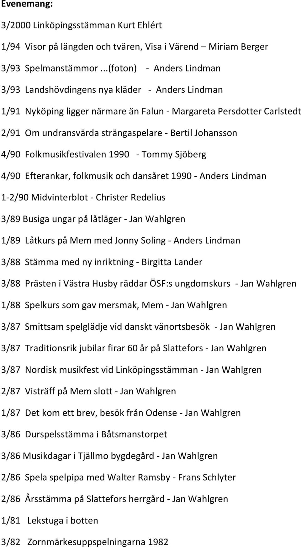 Johansson 4/90 Folkmusikfestivalen 1990 - Tommy Sjöberg 4/90 Efterankar, folkmusik och dansåret 1990 - Anders Lindman 1-2/90 Midvinterblot - Christer Redelius 3/89 Busiga ungar på låtläger - Jan