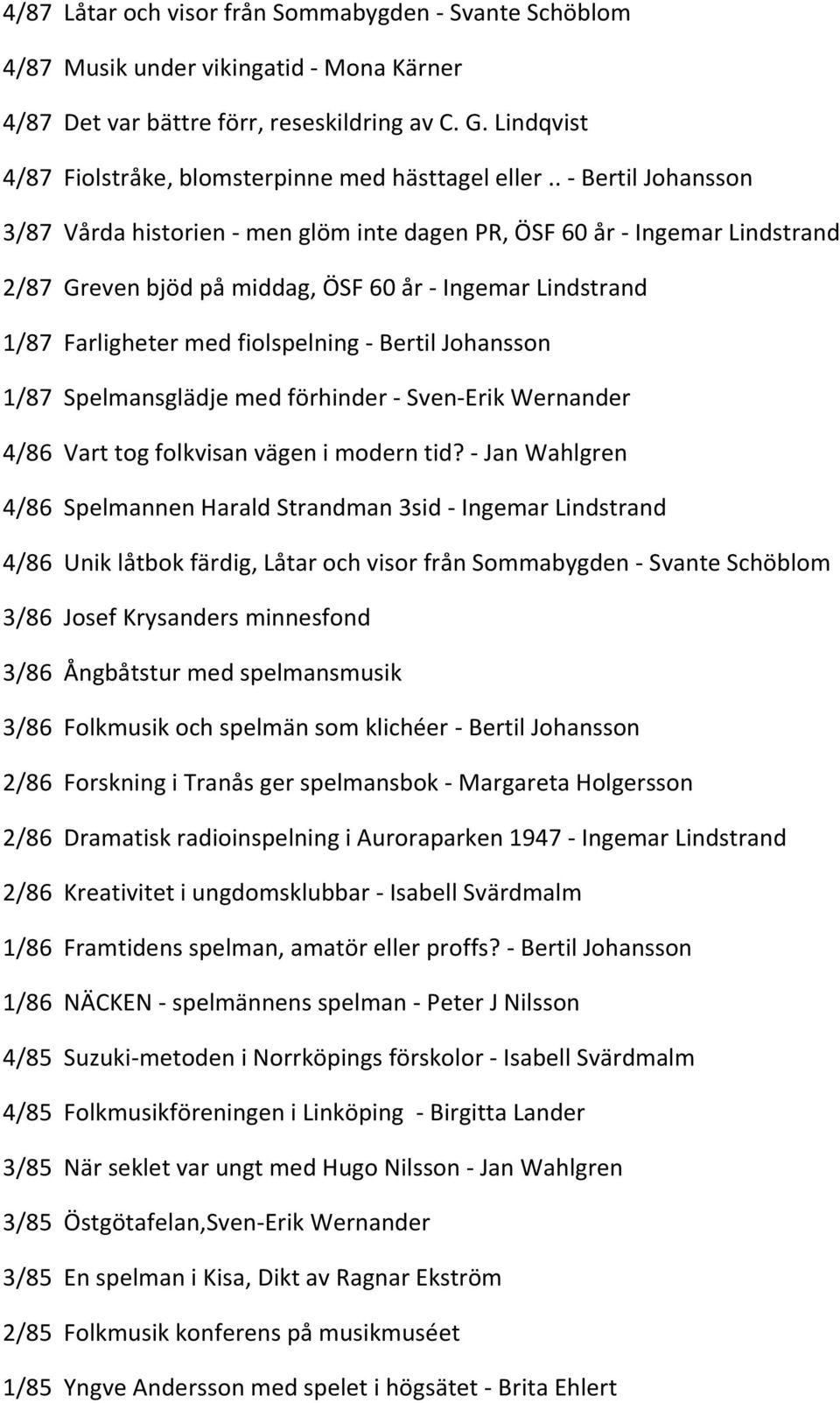 . - Bertil Johansson 3/87 Vårda historien - men glöm inte dagen PR, ÖSF 60 år - Ingemar Lindstrand 2/87 Greven bjöd på middag, ÖSF 60 år - Ingemar Lindstrand 1/87 Farligheter med fiolspelning -