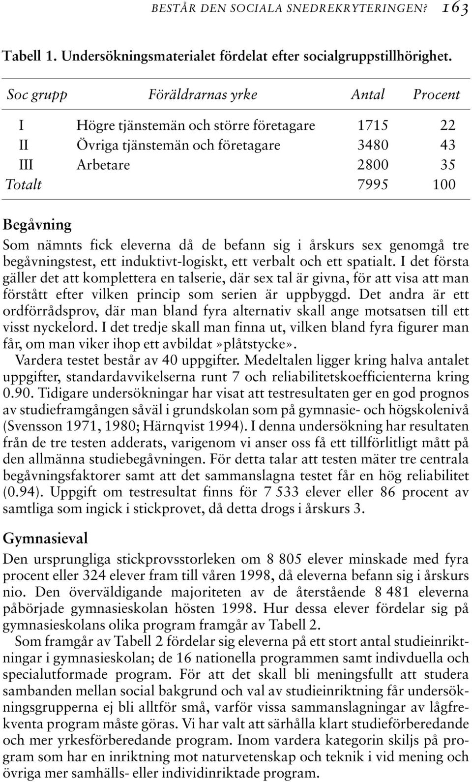 eleverna då de befann sig i årskurs sex genomgå tre begåvningstest, ett induktivt-logiskt, ett verbalt och ett spatialt.