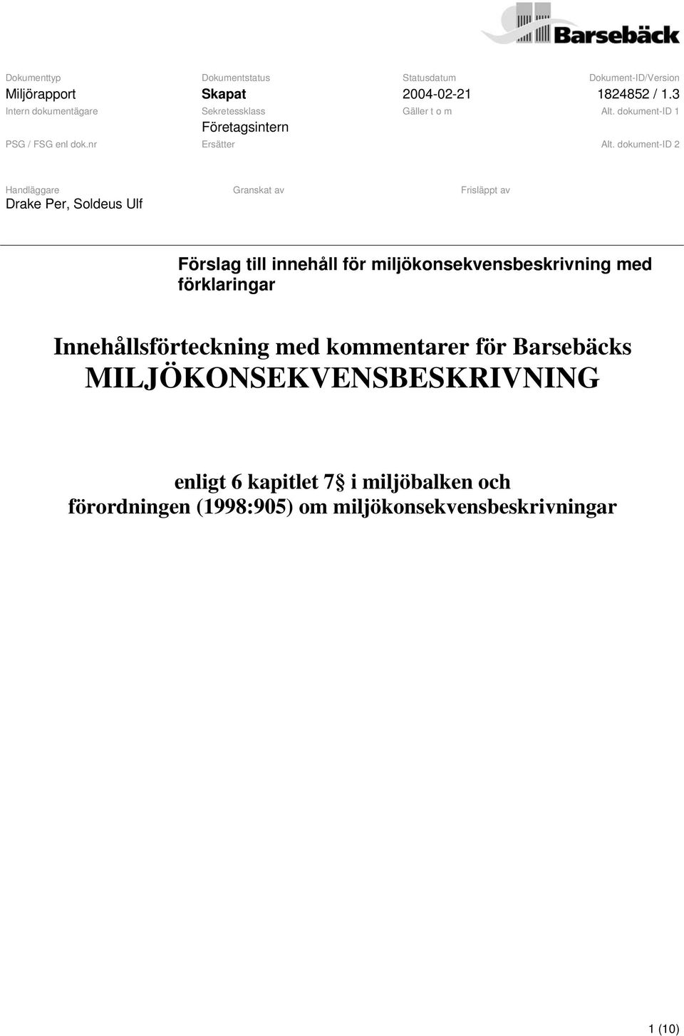 dokument-id 2 Handläggare Granskat av Frisläppt av Drake Per, Soldeus Ulf Förslag till innehåll för miljökonsekvensbeskrivning med