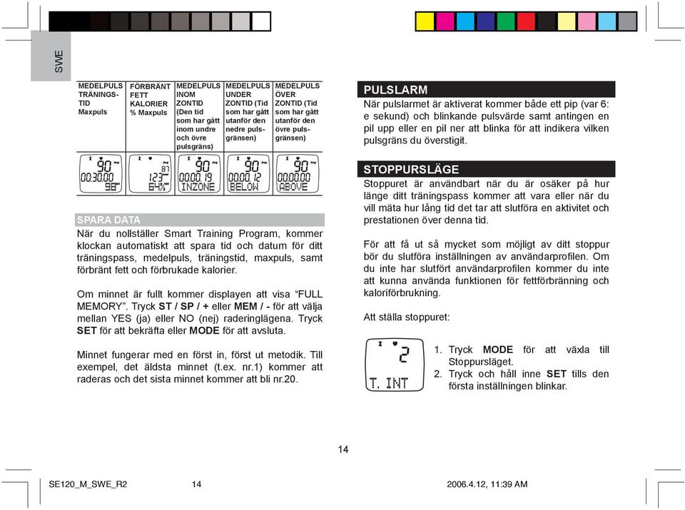 träningspass, medelpuls, träningstid, maxpuls, samt förbränt fett och förbrukade kalorier. Om minnet är fullt kommer displayen att visa FULL MEMORY.