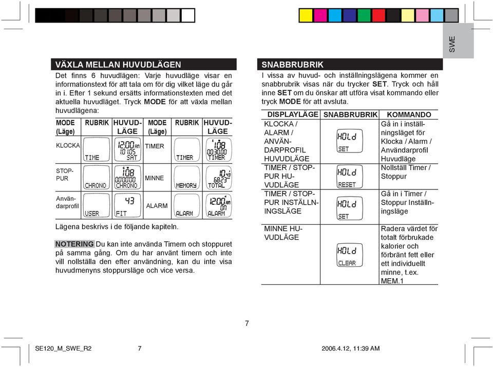 Tryck MODE för att växla mellan huvudlägena: MODE (Läge) KLOCKA STOP- PUR Användarprofil RUBRIK HUVUD- LÄGE MODE (Läge) TIMER MINNE ALARM RUBRIK DISPLAYLÄGE SNABBRUBRIK KOMMANDO KLOCKA / Gå in i